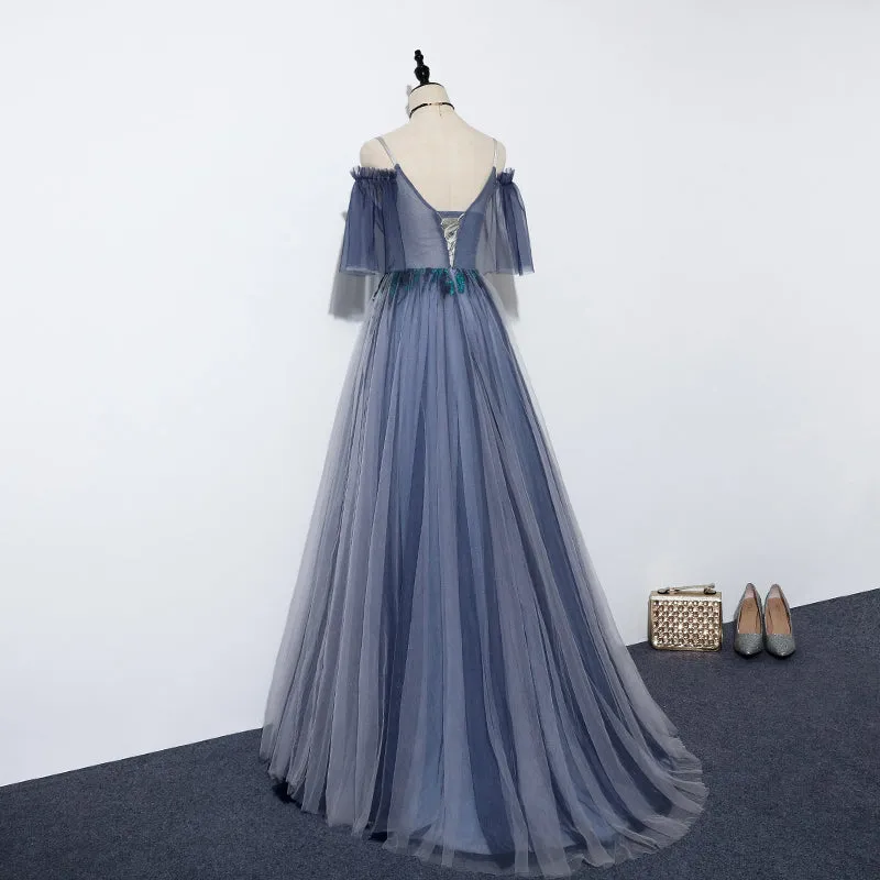 Blue Tulle Straps V-neckline Long Formal Dress, Long Party Dress