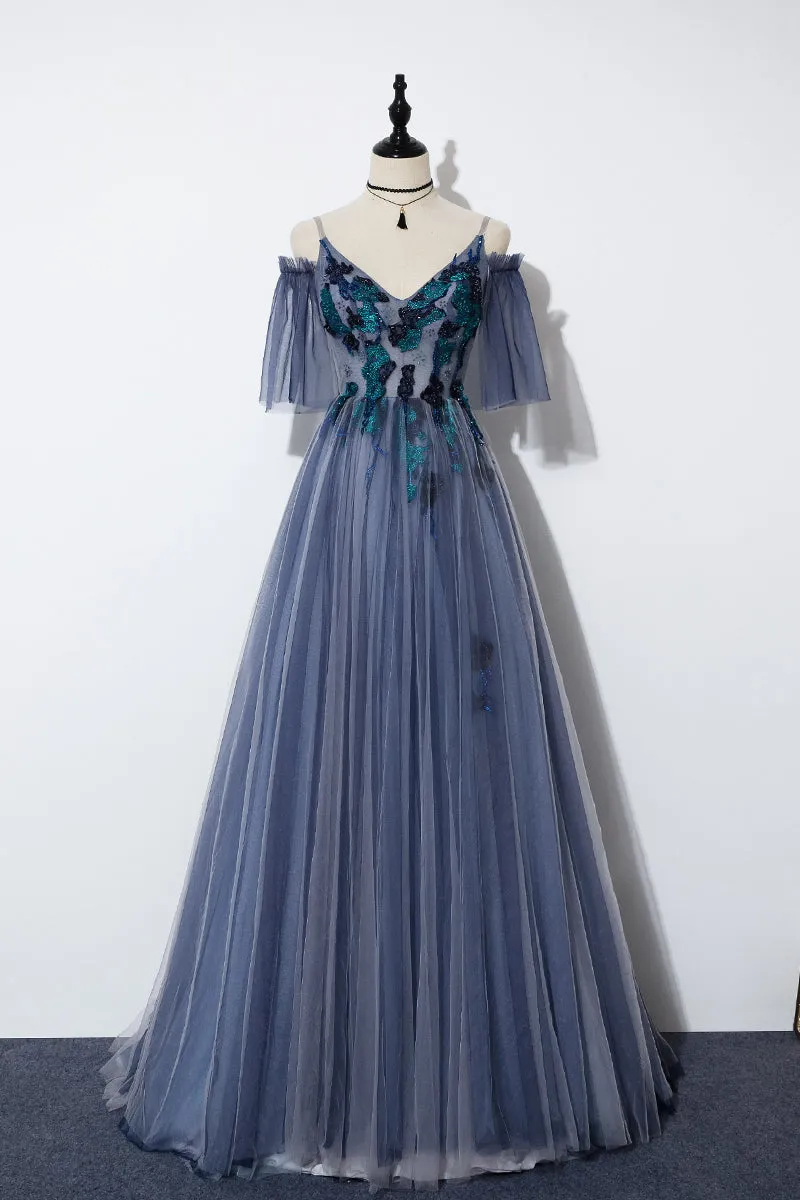 Blue Tulle Straps V-neckline Long Formal Dress, Long Party Dress