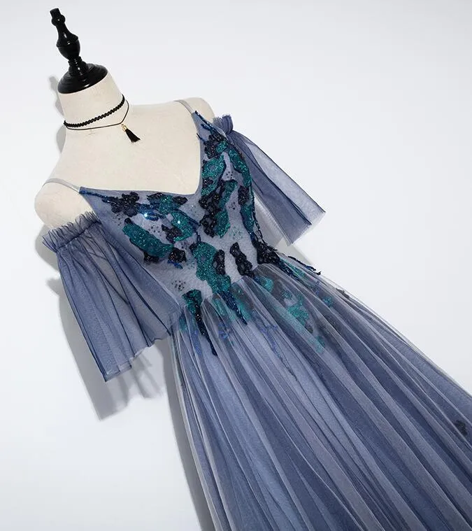 Blue Tulle Straps V-neckline Long Formal Dress, Long Party Dress