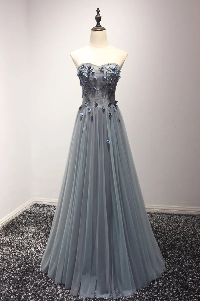 Blue Tulle Sweetheart Long A-line Party Dress, Formal Gowns