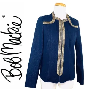 Bob Mackie Navy Jacket w/ Gold Sequin Accents, Hook &amp; Eye Front Closure, Medium