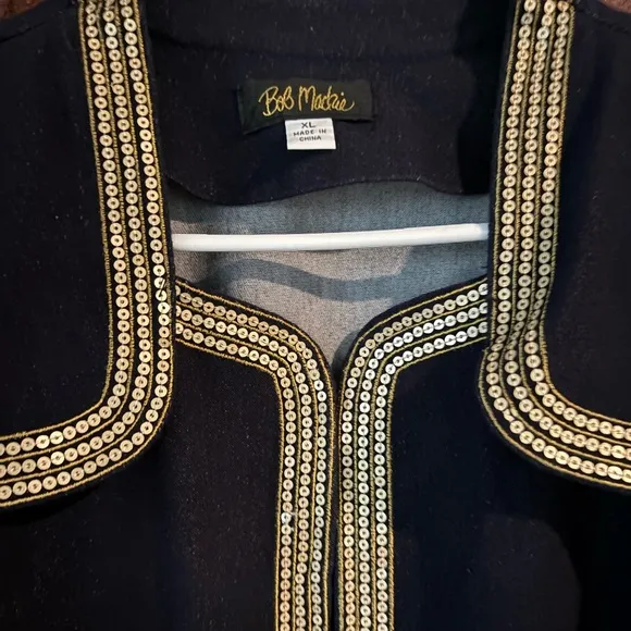 Bob Mackie Navy Jacket w/ Gold Sequin Accents, Hook &amp; Eye Front Closure, Medium