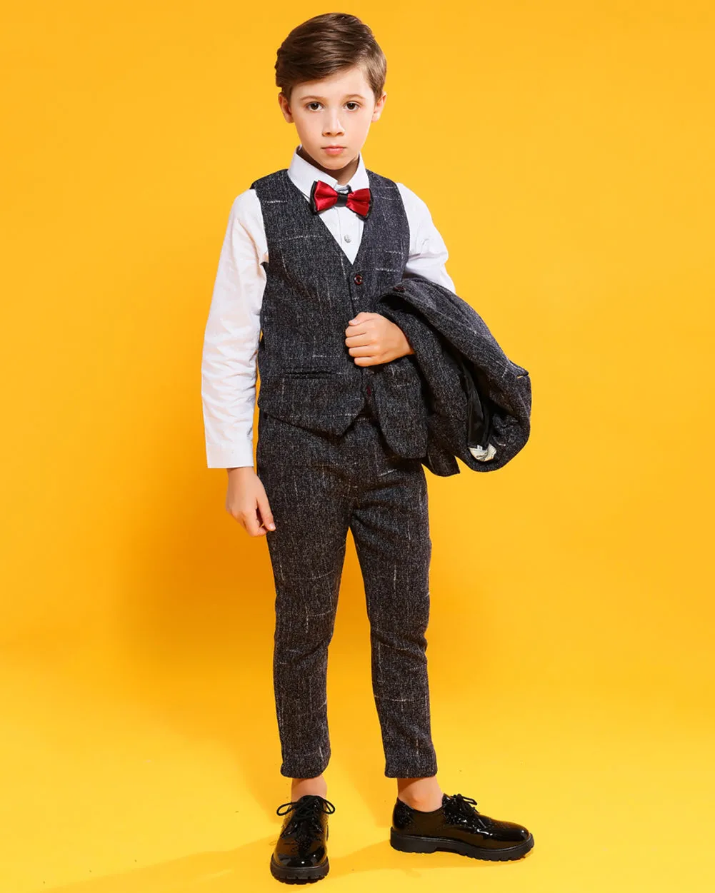 Boys' Black Formal Suit(white dot)  3 piece Dresswear suit set with jacket,vest and pants