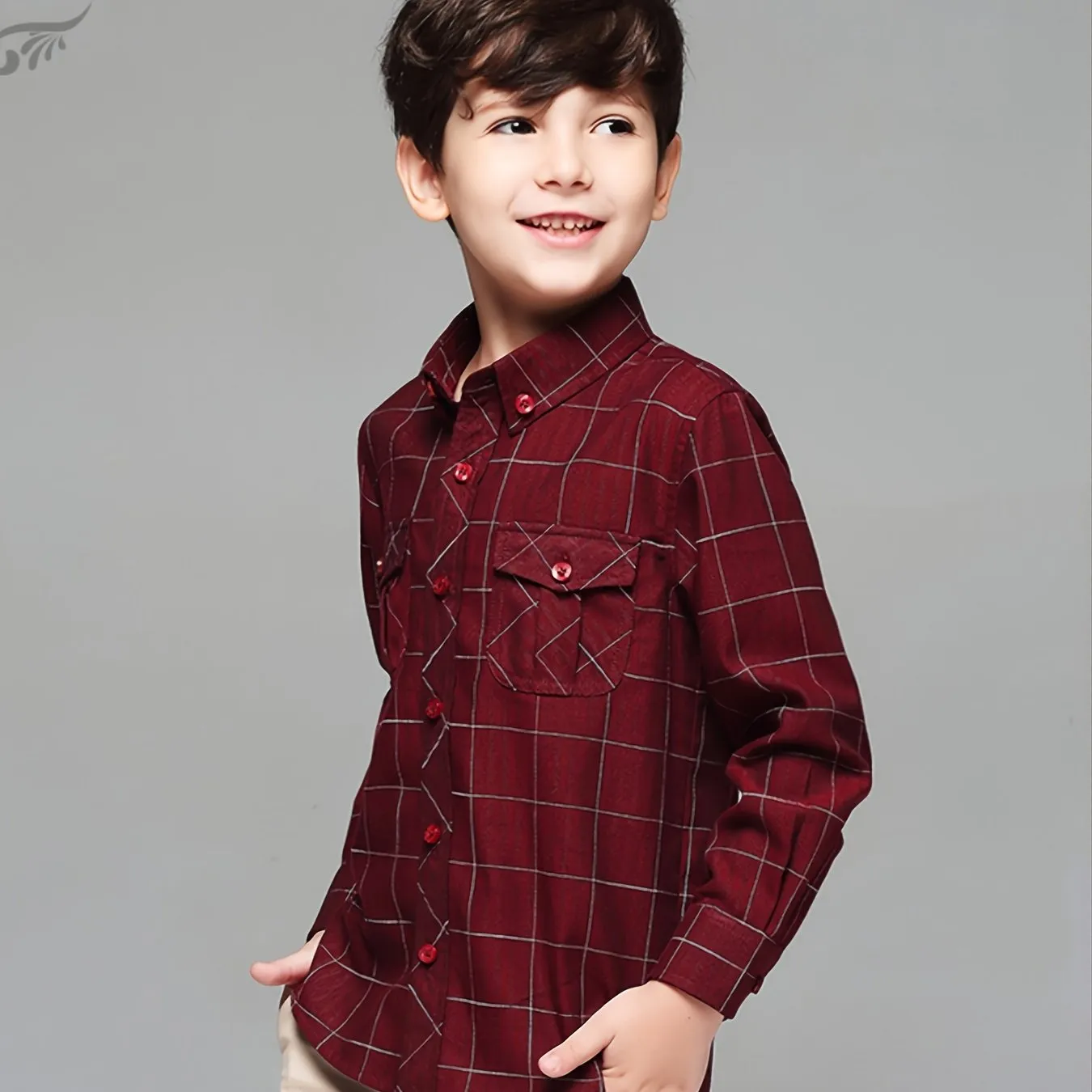 Boys' Casual Cotton Plaid Shirt with Pocket