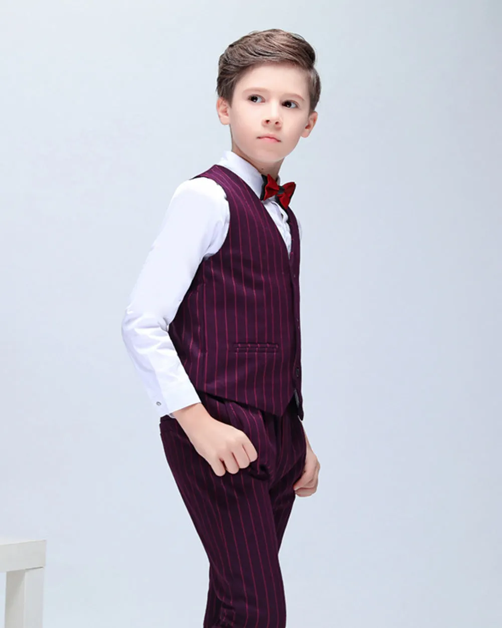 Boys' Red Stripy Formal suits 4 piece Dresswear Suit Set With Jacket,shirt,Pants and Vest