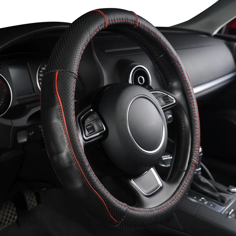 Breathable Black Genuine Leather Car Steering Wheel Cover