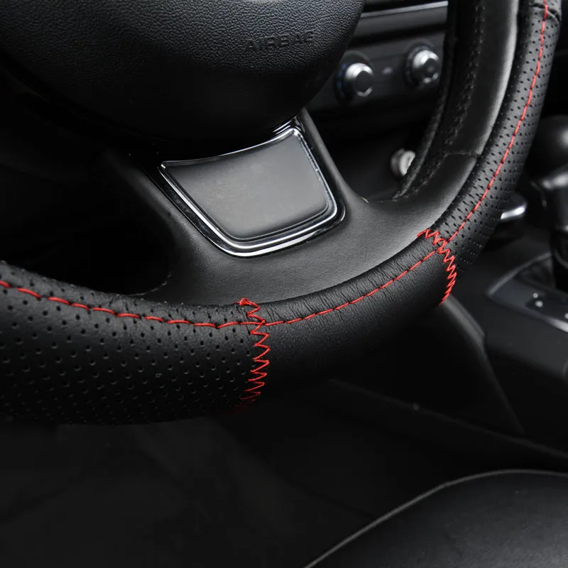 Breathable Black Genuine Leather Car Steering Wheel Cover