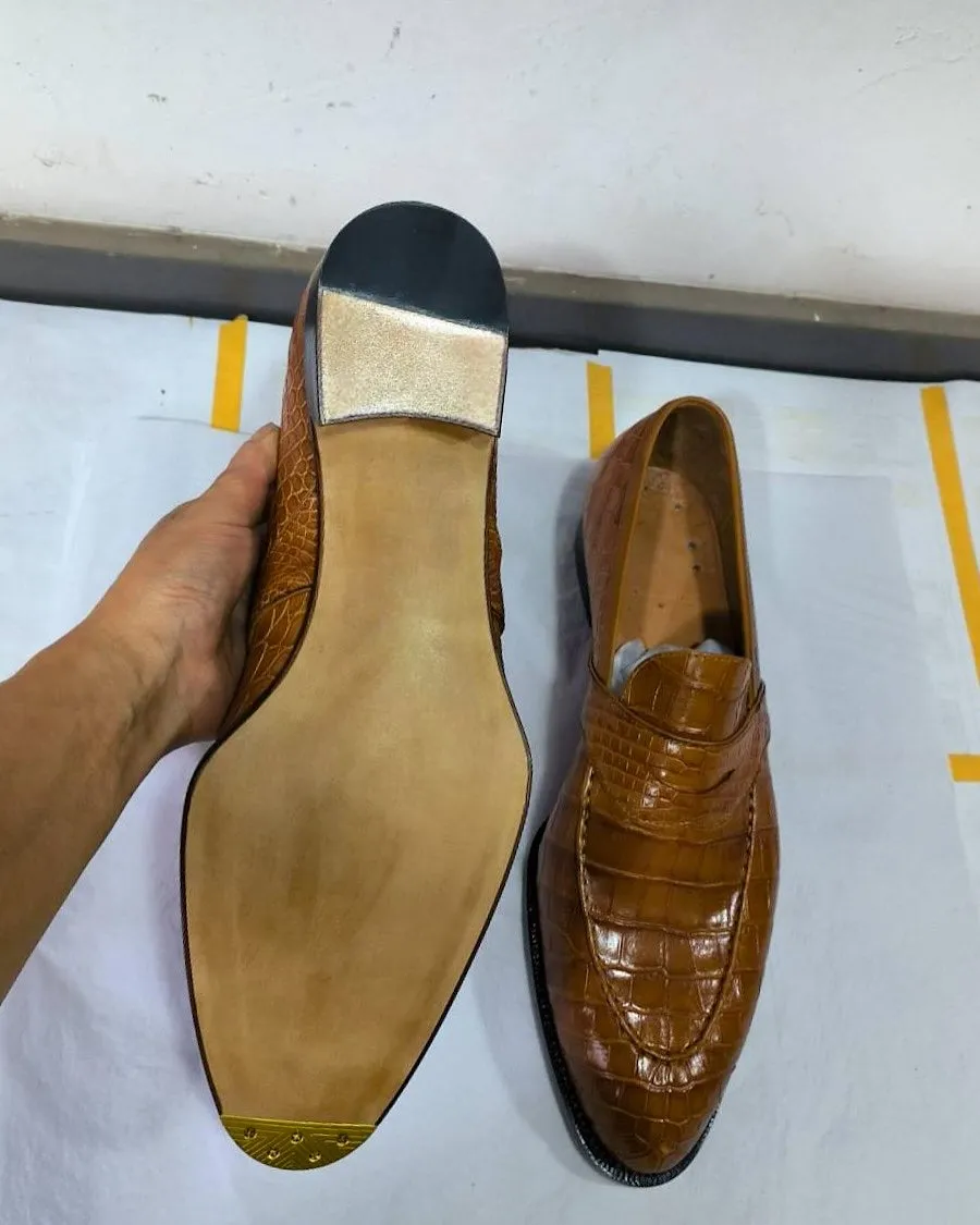 Brown Alligator Italian Leather Loafers Shoes - Formal shoes - Loafers Shoes