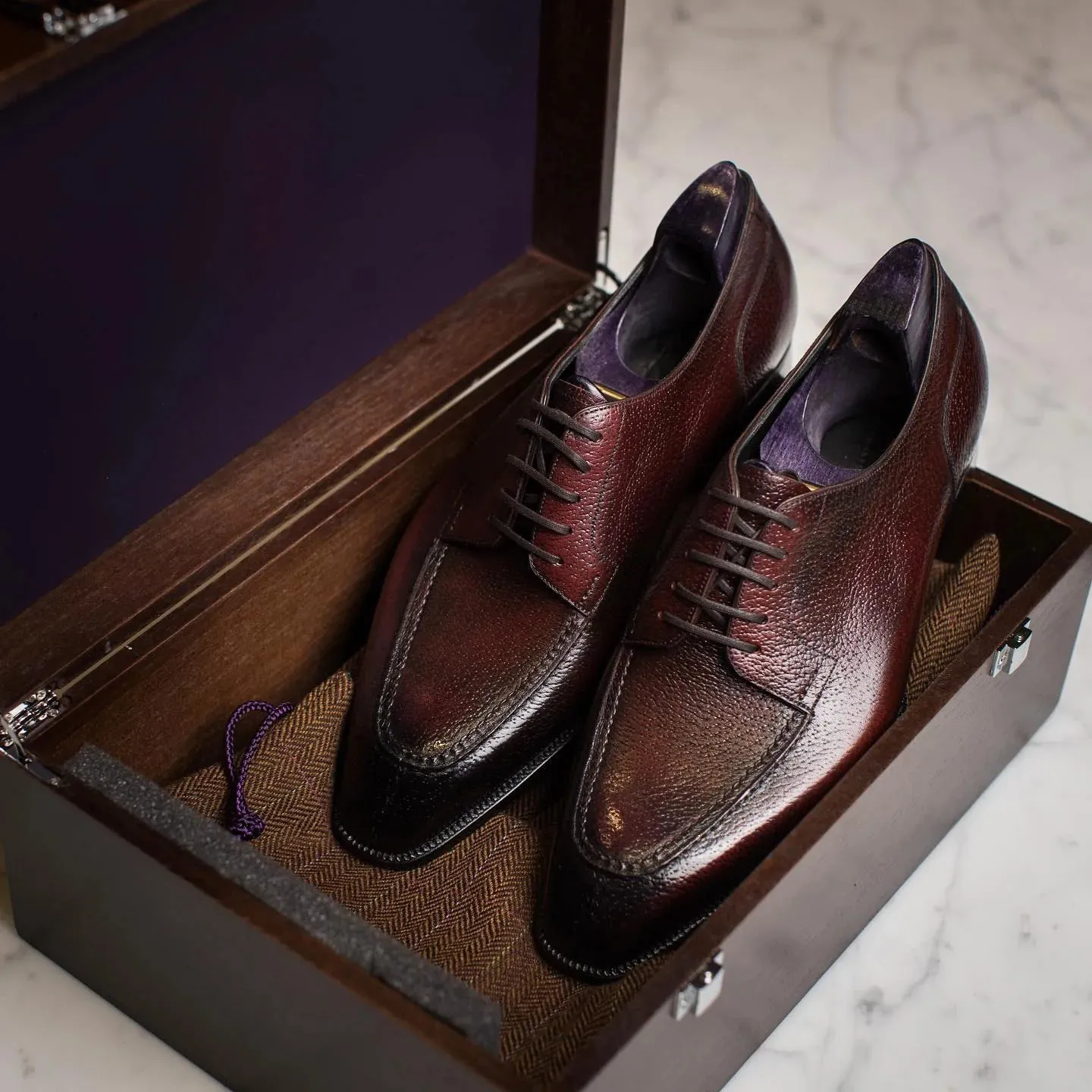 Burgundy Brown Milled Grain Leather Monsaraz Derby Shoes - Formal Shoes