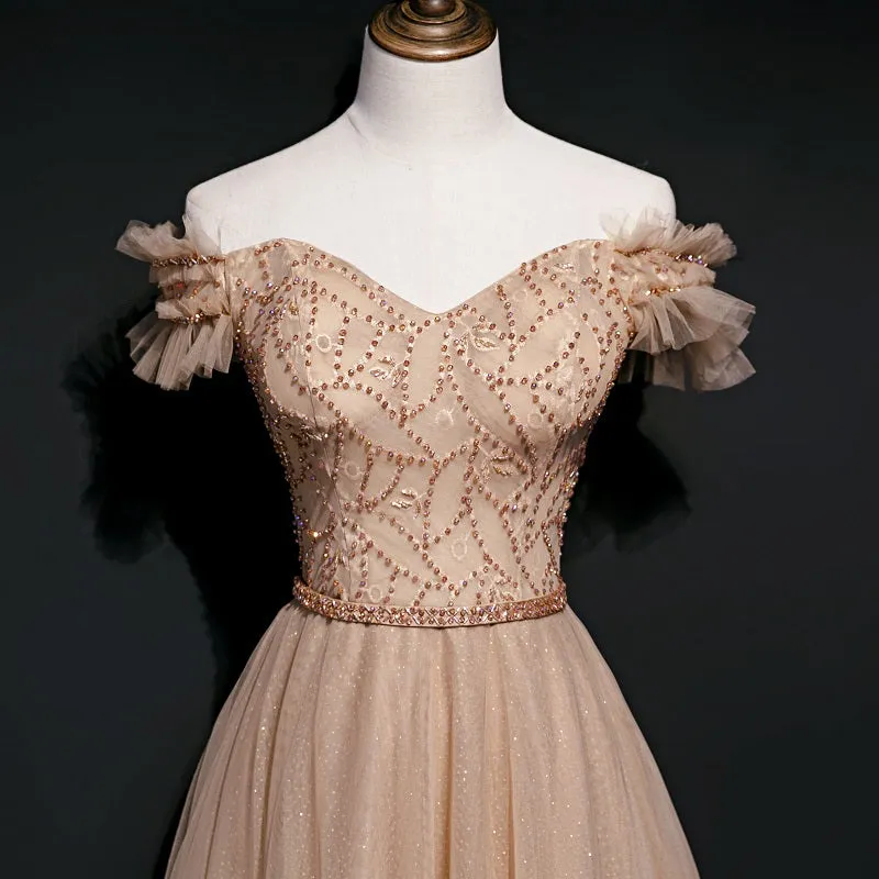 Champagne Tulle Beaded Floor Length Long Party Dress Prom Dress, A-line Tulle Formal Gown