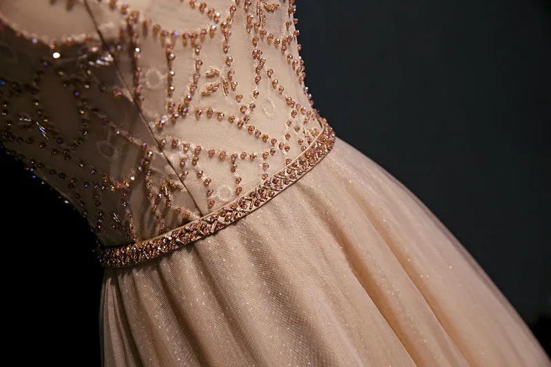 Champagne Tulle Beaded Floor Length Long Party Dress Prom Dress, A-line Tulle Formal Gown