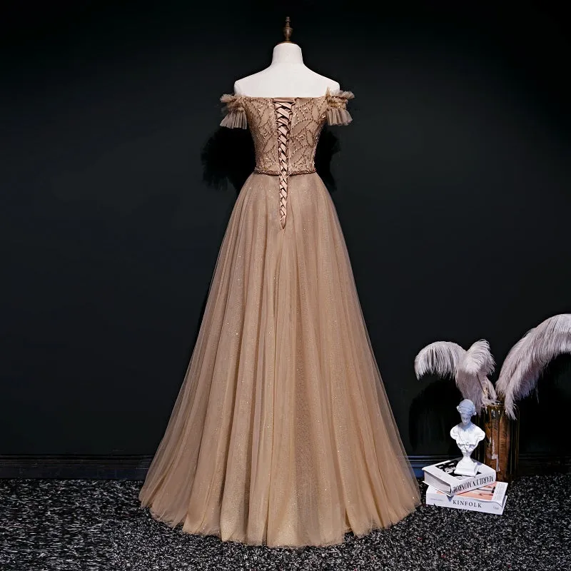 Champagne Tulle Beaded Floor Length Long Party Dress Prom Dress, A-line Tulle Formal Gown