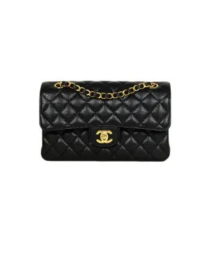 Chanel Black Quilted Caviar Leather 9" Small Double Flap Classic Bag GHW