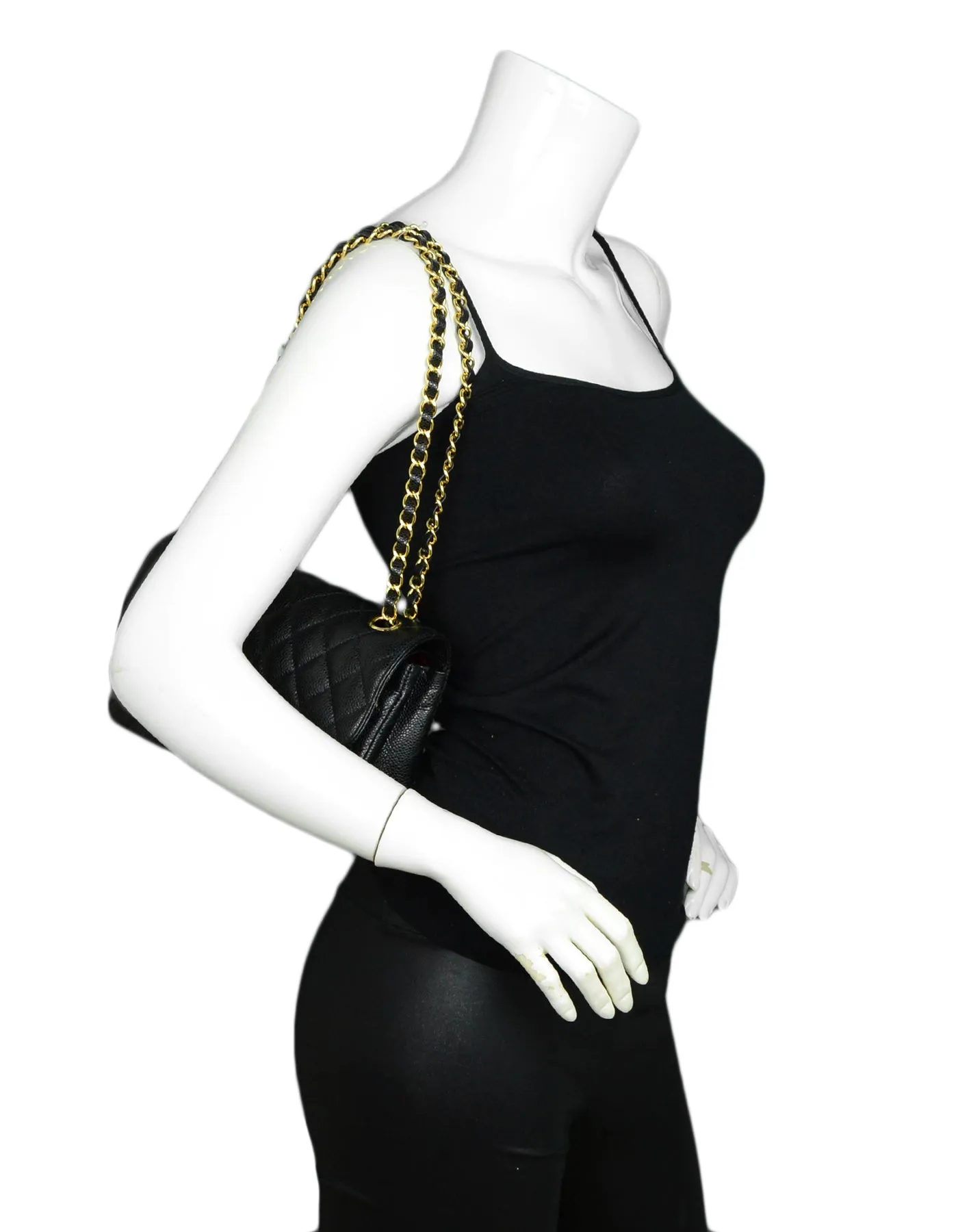 Chanel Black Quilted Caviar Leather 9" Small Double Flap Classic Bag GHW