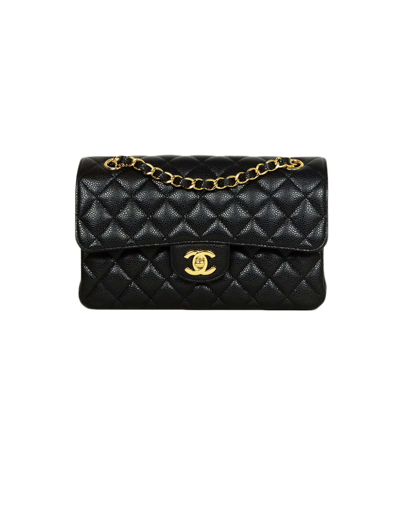 Chanel Black Quilted Caviar Leather 9" Small Double Flap Classic Bag GHW