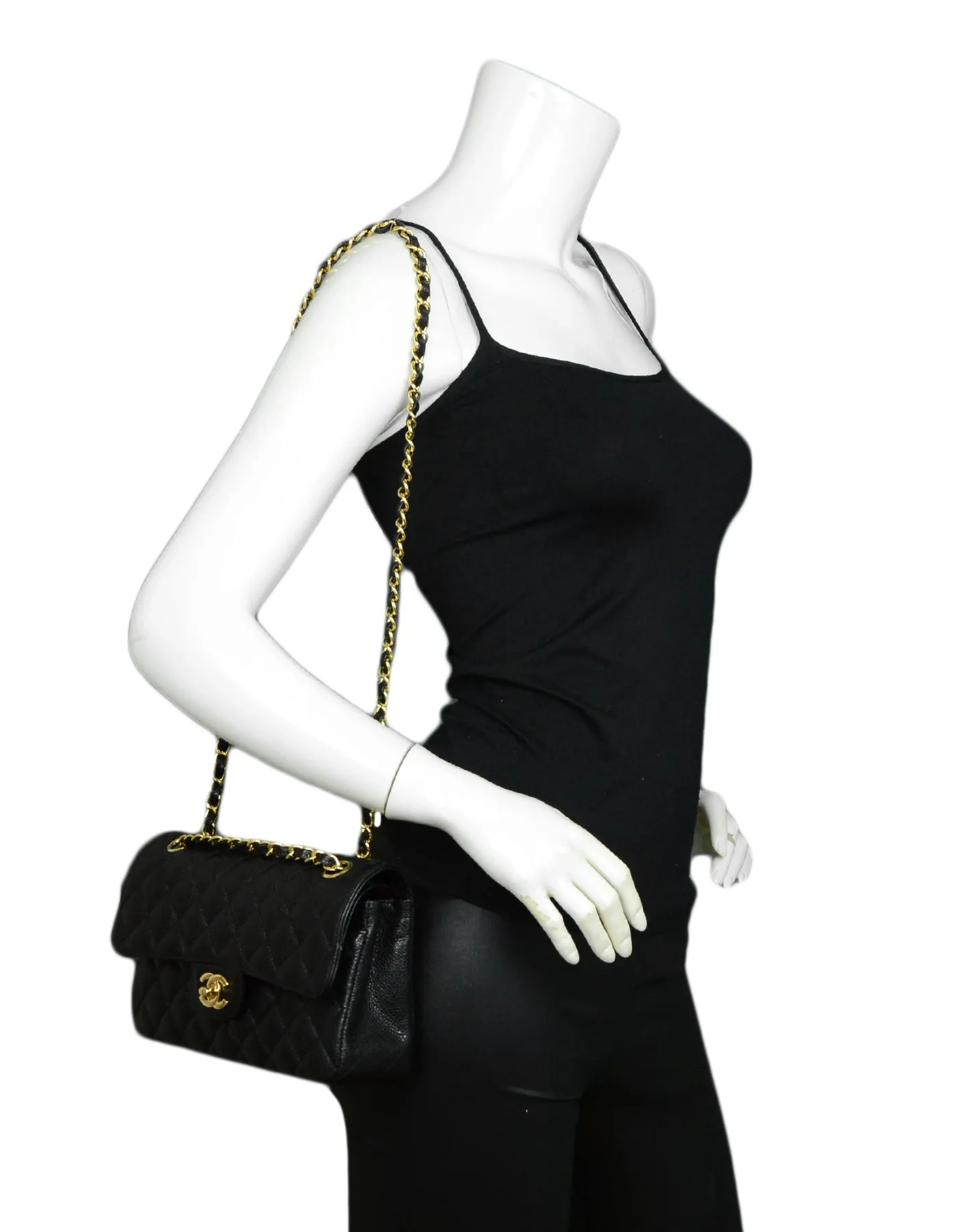 Chanel Black Quilted Caviar Leather 9" Small Double Flap Classic Bag GHW