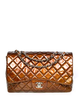 Chanel Bronze Patent Leather Quilted Single Flap Jumbo Classic Bag