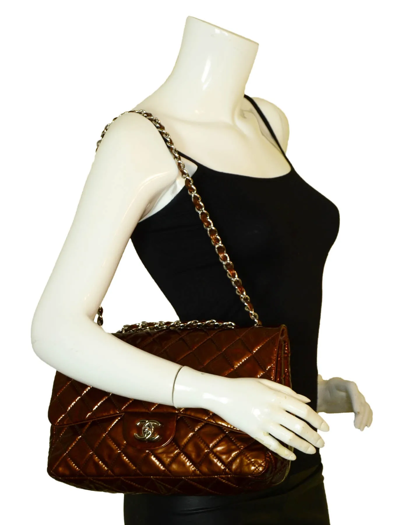 Chanel Bronze Patent Leather Quilted Single Flap Jumbo Classic Bag