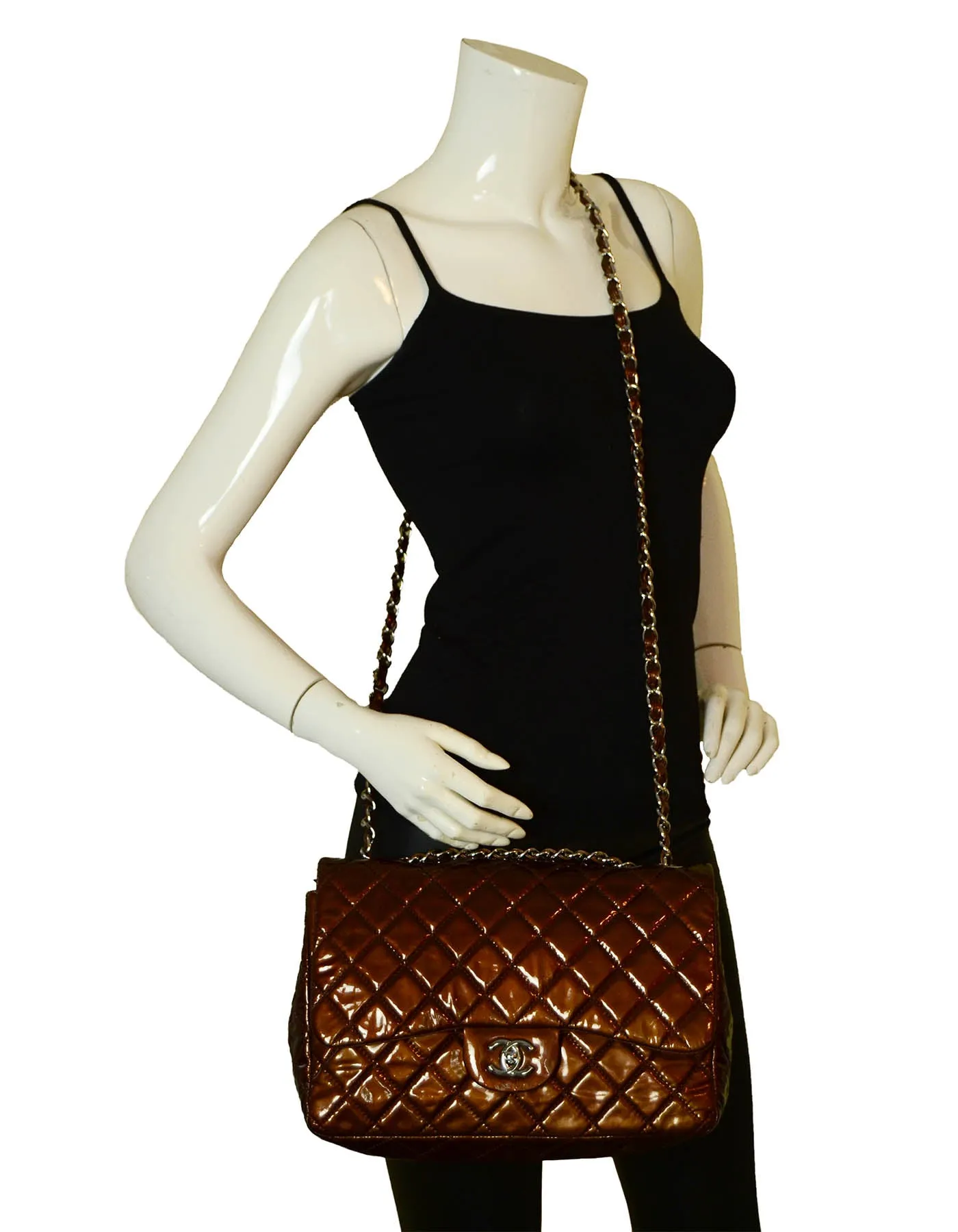 Chanel Bronze Patent Leather Quilted Single Flap Jumbo Classic Bag