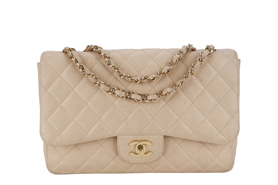 CHANEL CLASSIC FLAP BAG JUMBO BEIGE CAVIAR LEATHER GOLD HARDWARE (1293xxxx) NO DUST COVER