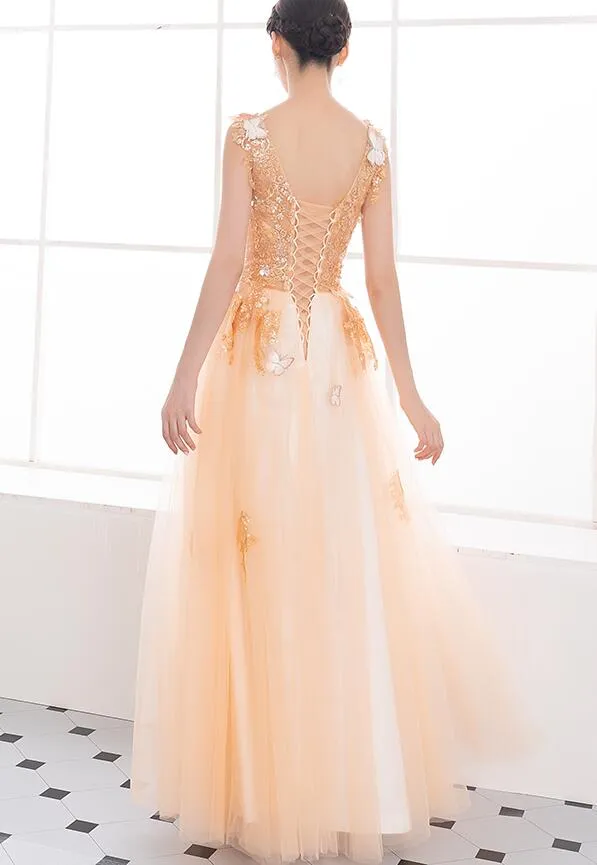 Charming A-line Tulle Light Champagne Party Dress, Junior Prom Dress