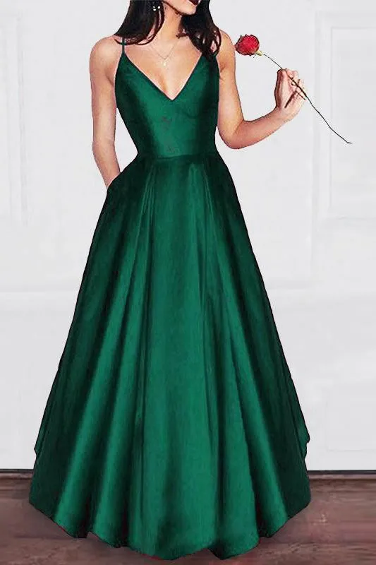 Charming A Line V Neck Satin Spaghetti Straps Long Prom Dresses,Girls Graduation Dresses OKB29