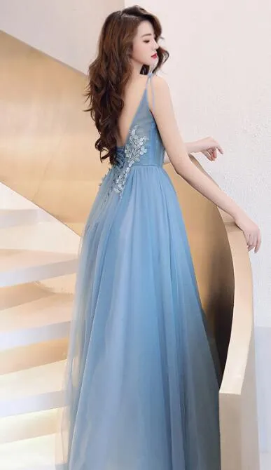 Charming Blue V-neckline Tulle Party Dress with Staps, Long Prom Dress