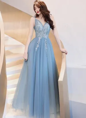Charming Blue V-neckline Tulle Party Dress with Staps, Long Prom Dress