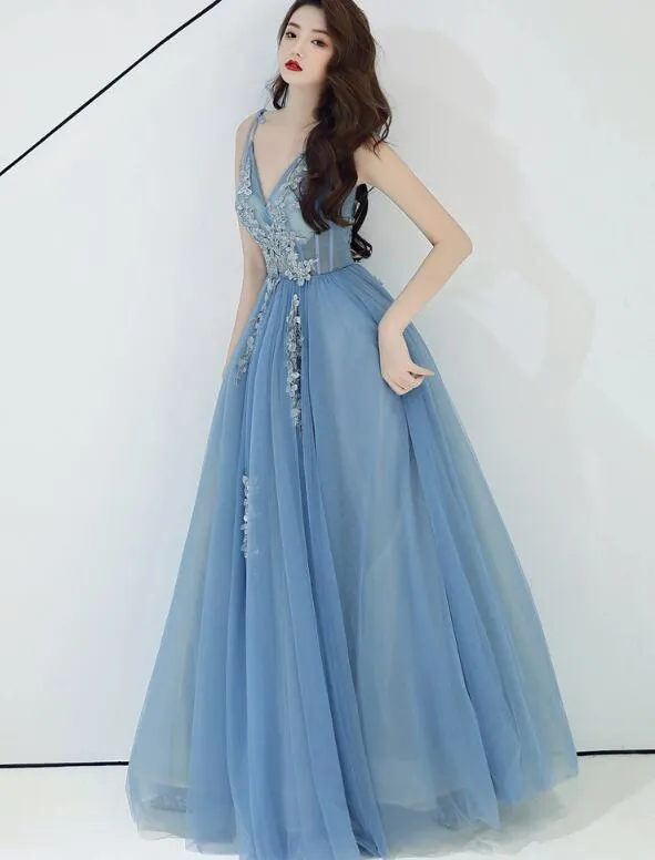 Charming Blue V-neckline Tulle Party Dress with Staps, Long Prom Dress