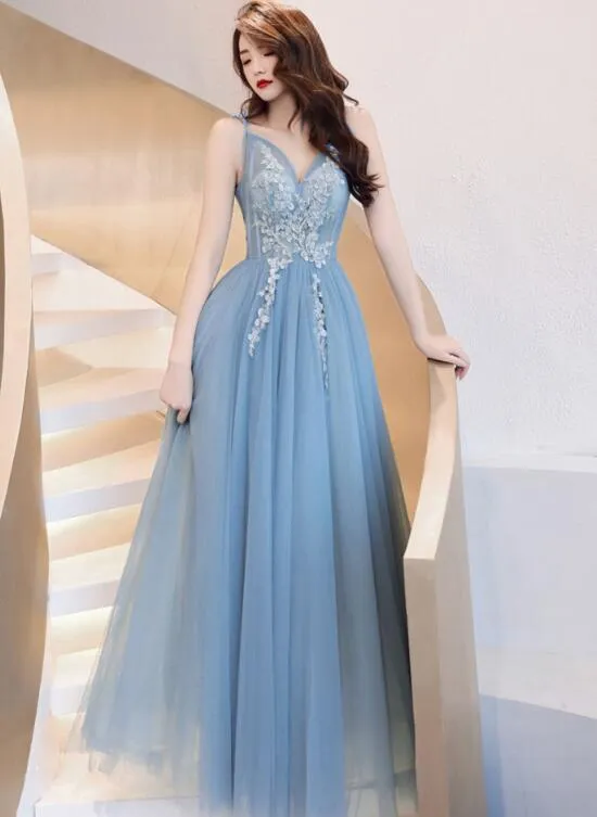 Charming Blue V-neckline Tulle Party Dress with Staps, Long Prom Dress
