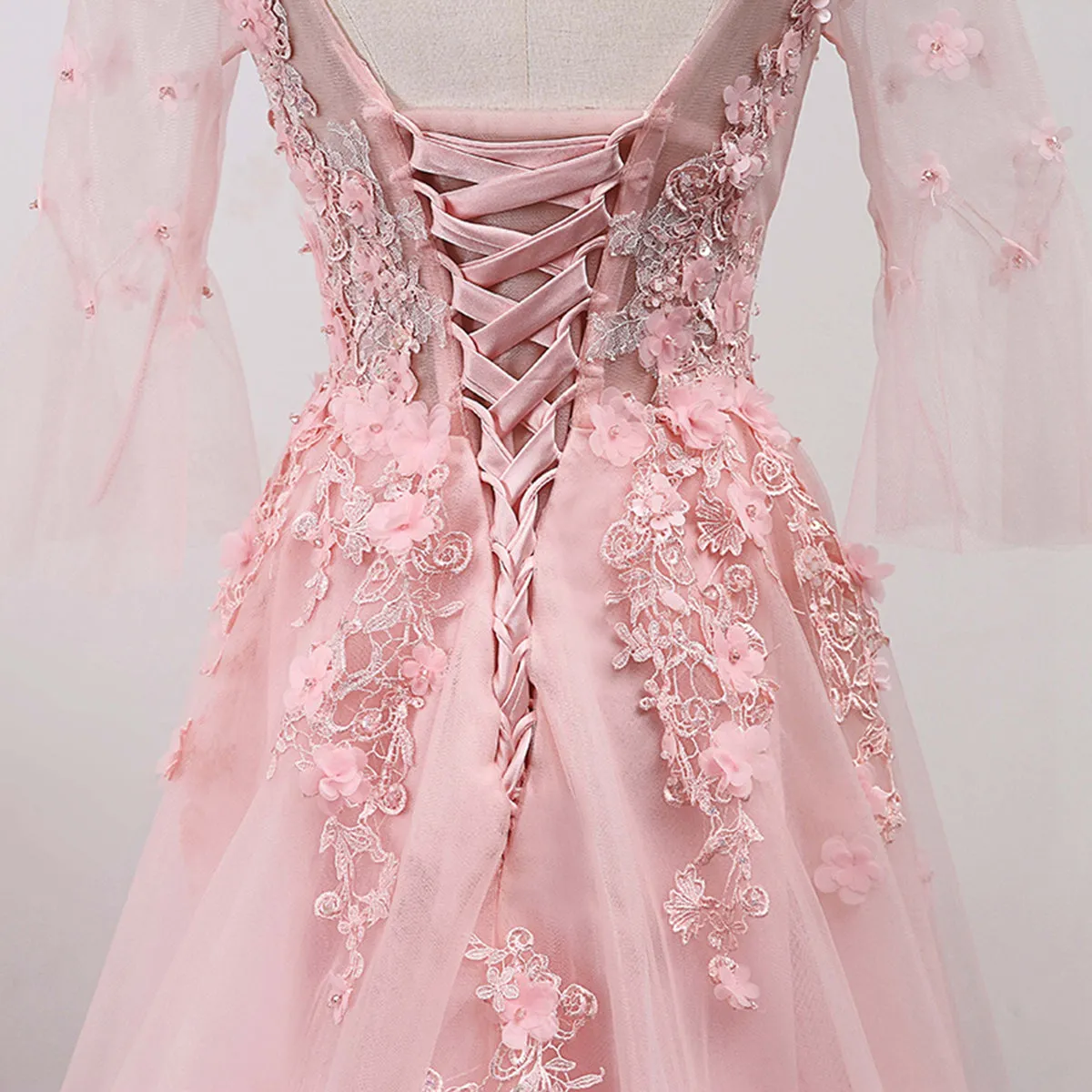 Charming Light Pink Tulle with Lace Applique Party Dress, V-neckline Prom Dress