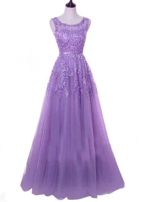 Charming Round Neckline Tulle A-line Prom Dress, Long Party Gown