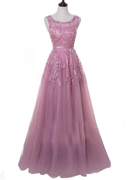 Charming Round Neckline Tulle A-line Prom Dress, Long Party Gown
