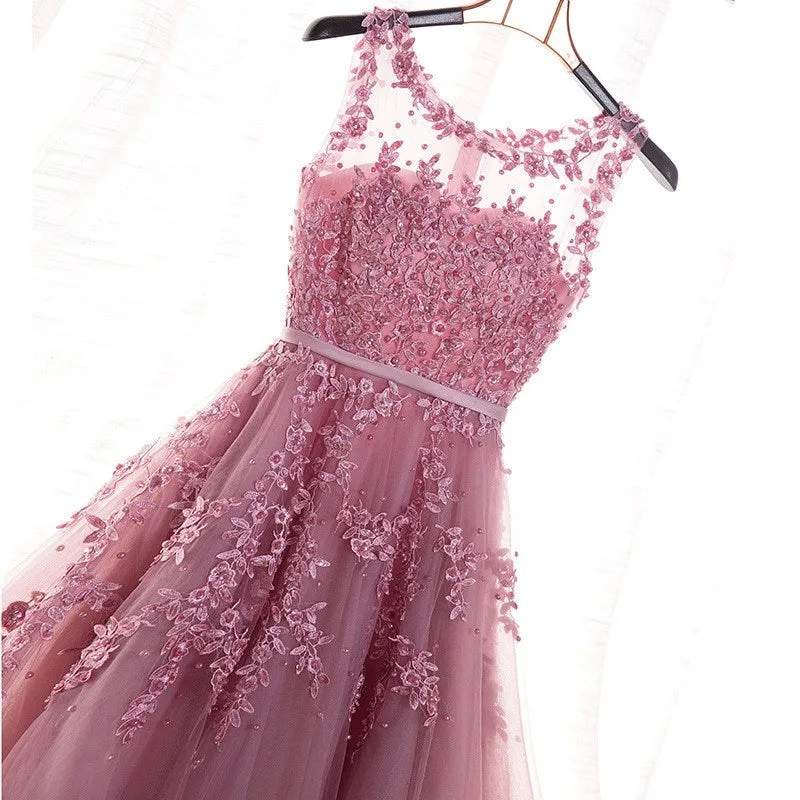 Charming Round Neckline Tulle A-line Prom Dress, Long Party Gown