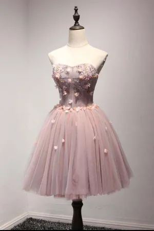 Cheap A-Line Sweetheart Homecoming Dress With Flowers,Tulle Short Ball Gown Prom Dresses OK412