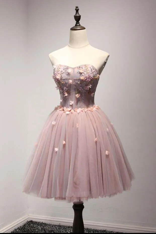 Cheap A-Line Sweetheart Homecoming Dress With Flowers,Tulle Short Ball Gown Prom Dresses OK412