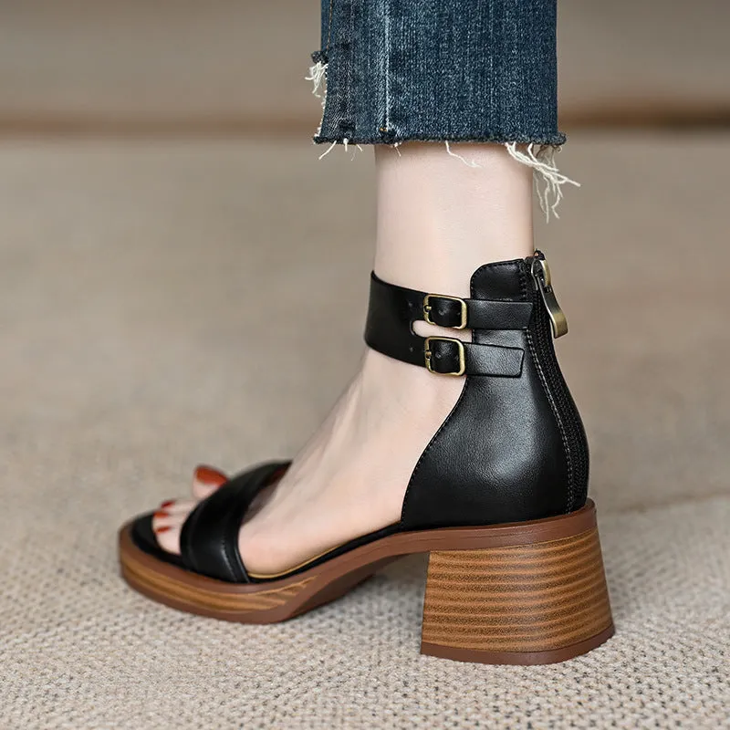 Chunky Heel Back Zip Platform French Style Mid Heel
