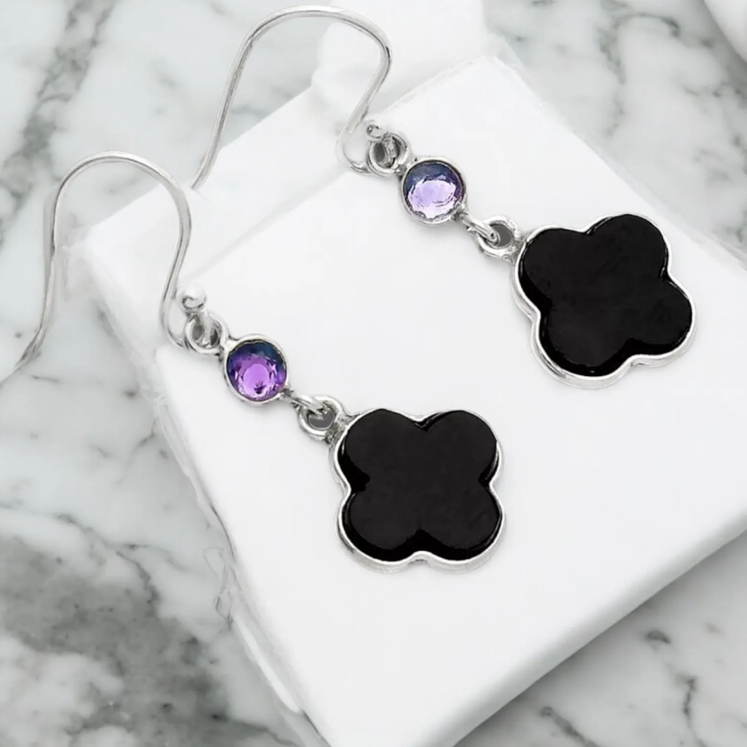 CLOVER Black Onyx & Amethyst Solid 925 Sterling Silver Earrings