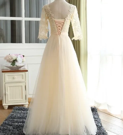 Cute A-line Lace Sleeves Prom Dress, Tulle Formal Gown