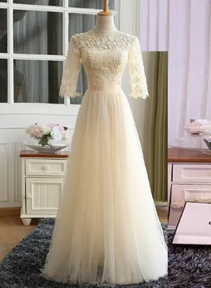 Cute A-line Lace Sleeves Prom Dress, Tulle Formal Gown