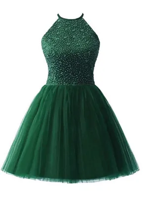 Cute Halter Beaded Green Tulle Formal Dress, Dark Green Homecoming Dresses