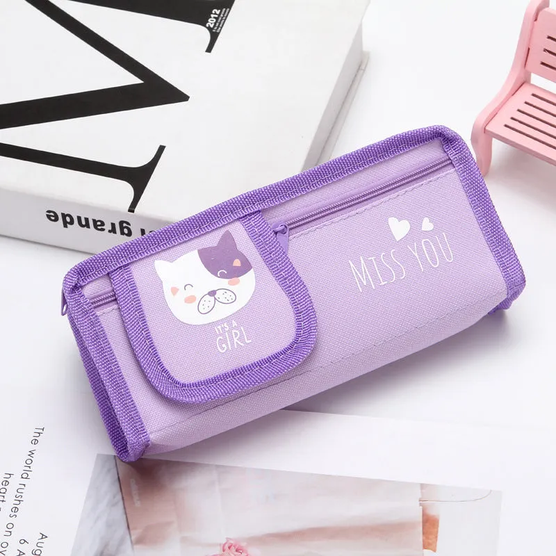 Cute oxford Cat Bear Fox Double Layer Makeup Bag, Travel Pouch, Cute Pencil Case