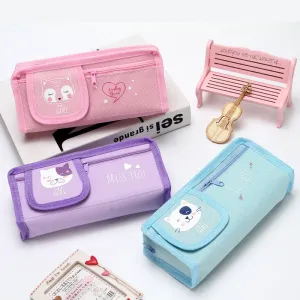 Cute oxford Cat Bear Fox Double Layer Makeup Bag, Travel Pouch, Cute Pencil Case