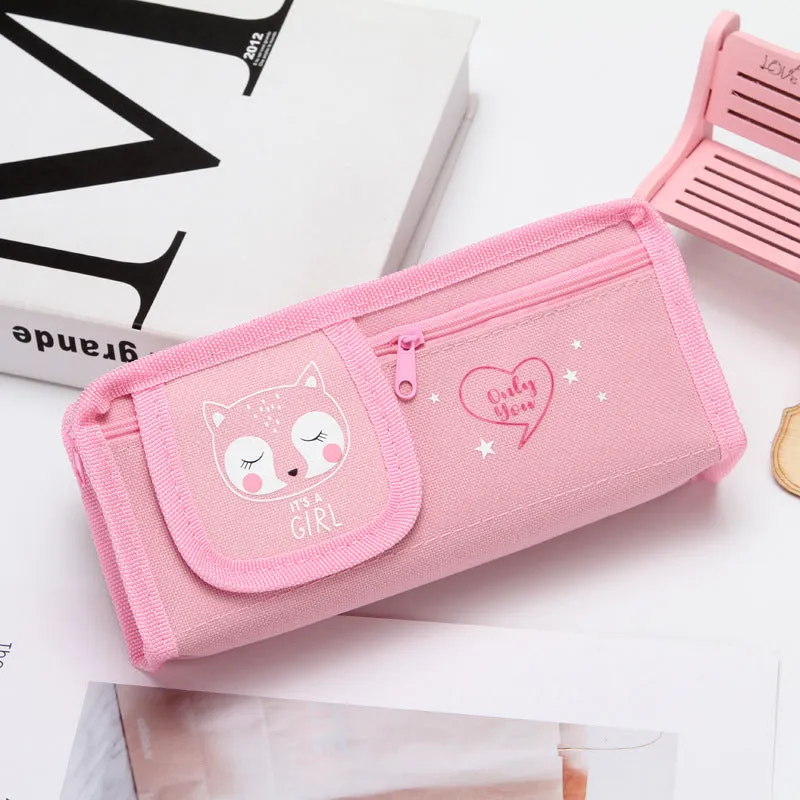 Cute oxford Cat Bear Fox Double Layer Makeup Bag, Travel Pouch, Cute Pencil Case