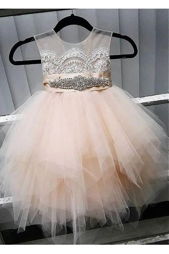 Cute Tulle Jewel Neckline Cap Sleeve Beading Flower Girl Dress With Lace Appliques OK728