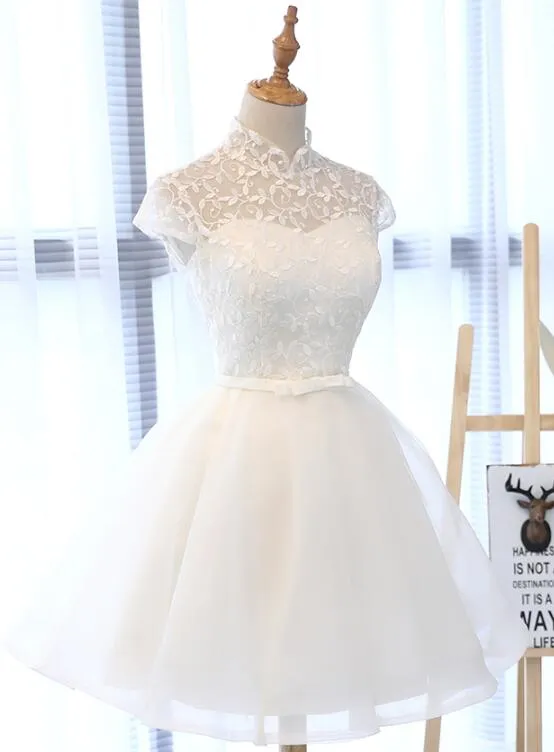 Cute White Tulle Short Lace Cap Sleeves Party Dress, White Homecoming Dress