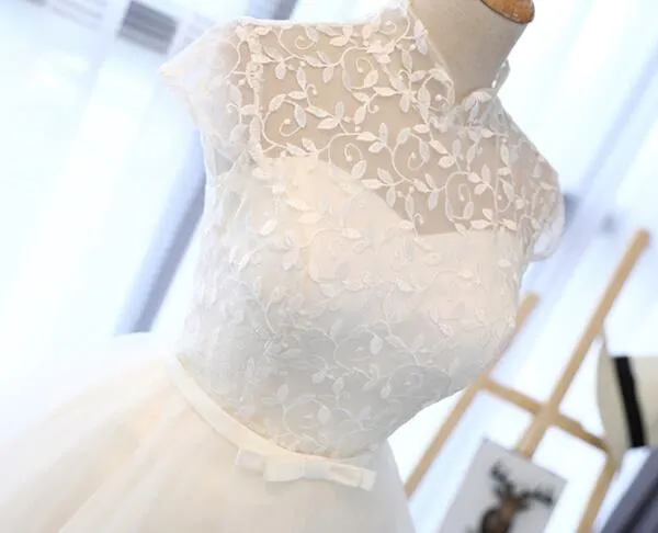 Cute White Tulle Short Lace Cap Sleeves Party Dress, White Homecoming Dress