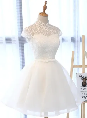 Cute White Tulle Short Lace Cap Sleeves Party Dress, White Homecoming Dress