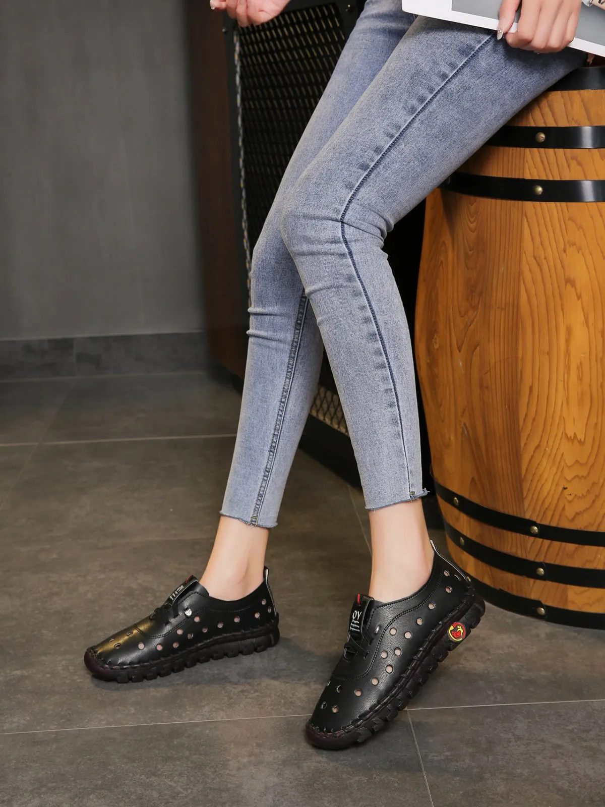 Cutout Breathable Super Soft Sole Moccasin Lace-Up Shoes
