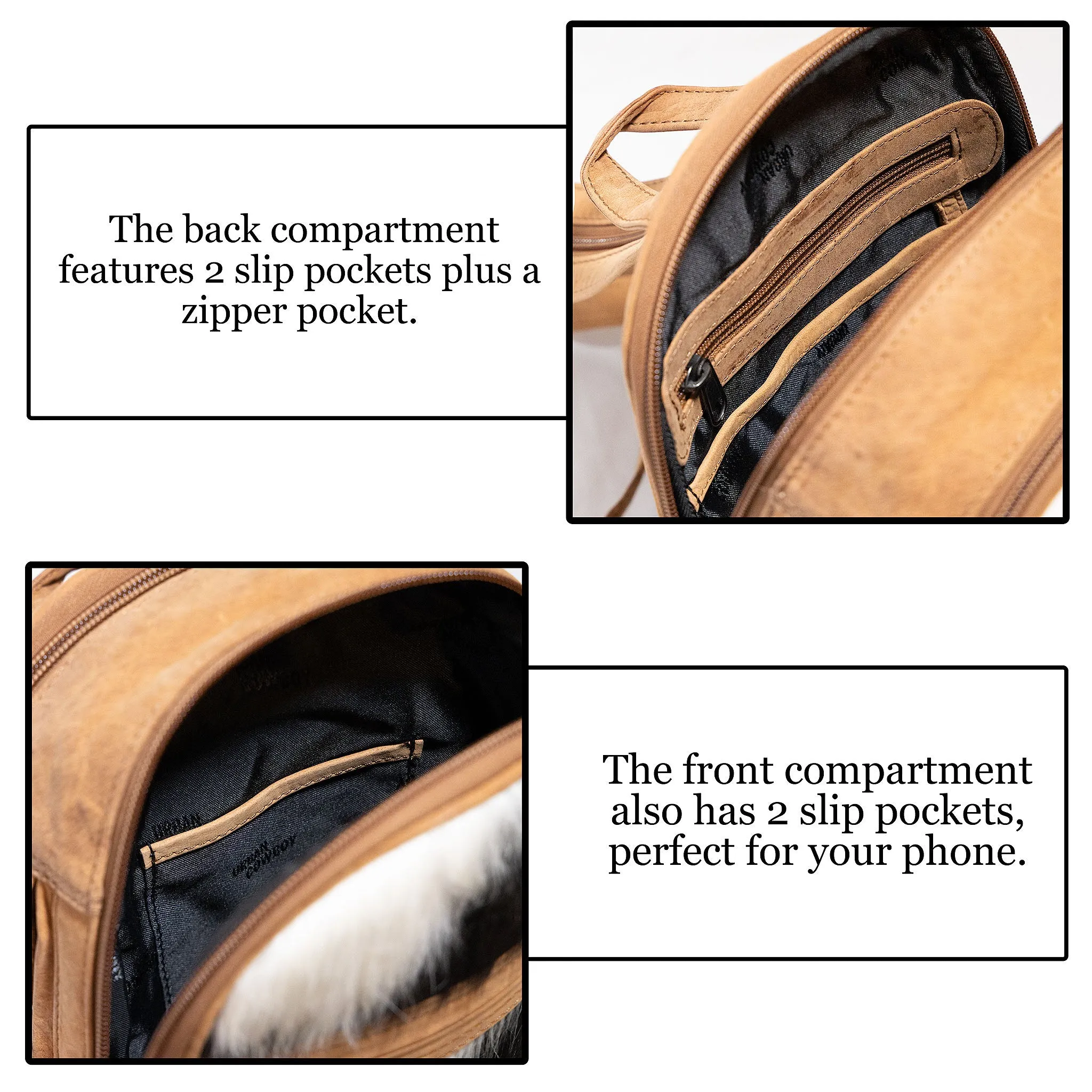 Daisy | Leather Concealed Carry Backpack or Sling | Hair-On Cowhide Accent | Locking Exterior Concealment Pocket | Travel or Commuting Bag